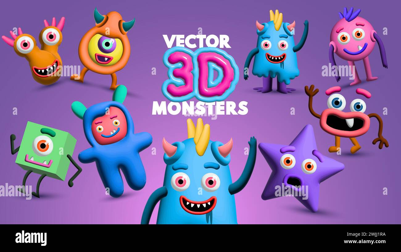 Eine Sammlung verspielter und lustiger Monster-Figuren im 3D-Stil. Vektorabbildung Stock Vektor