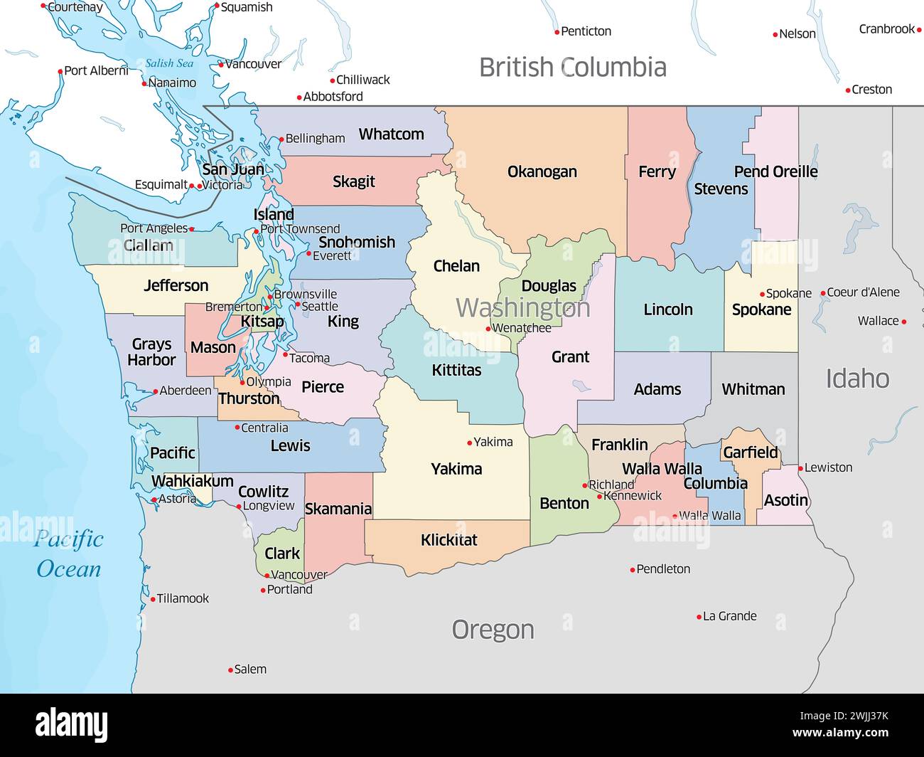 Farbenfrohe politische Karte, die die Countys des US-Bundesstaates Washington zeigt. Stockfoto