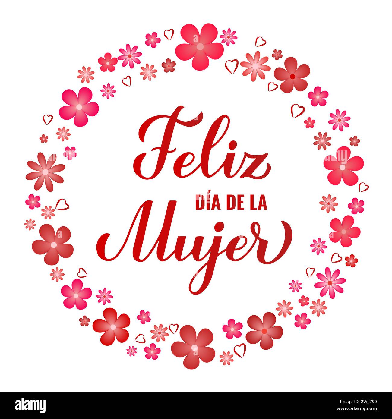 Feliz Dia de la Mujer - Happy Womens Day auf Spanisch. Kalligraphie-Handschrift mit Frühlingsblumen. Poster zur Typografie des Internationalen Frauentages. Vecto Stock Vektor