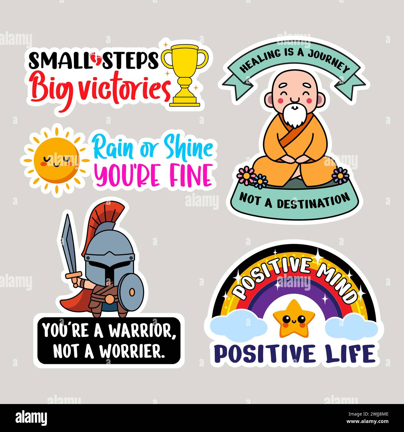 Sammlung von Motivationsaufklebern mit positiven Affirmationen und süßen Illustrationen Stock Vektor