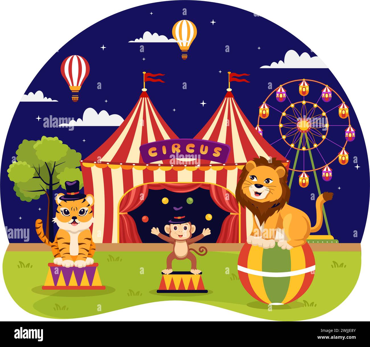 Zirkus Vektor Illustration mit Show des Turners, Magier, Tier Löwe Tiger, Gastgeber, Entertainer, Clowns und Vergnügungspark in flachem Cartoon Hintergrund Stock Vektor