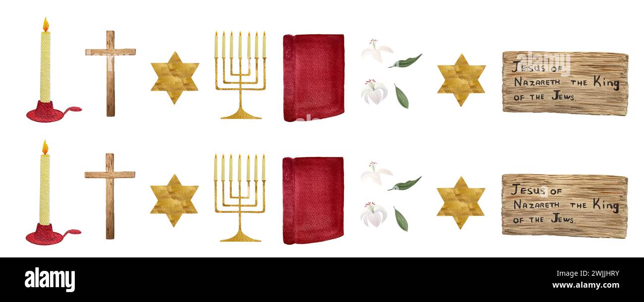 Eine Vielzahl religiöser Symbole wie Menora, Kreuz, Kerze und Bibel Stockfoto