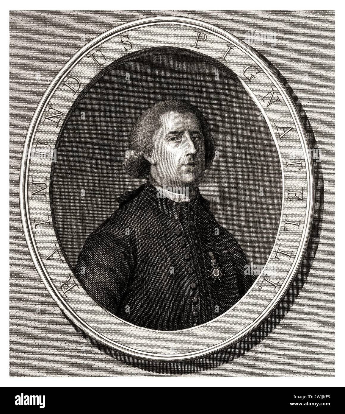 1790 CA, SARAGOSSA , SPANIEN : der spanische Politiker Prinz Ramon PIGNATELLI y MONCAYO ( 1734 - 1793 ) . Sohn des italienischen fürsten Antonio Pignatelli d'Aragona conde de Fuentes und Francisca de Moncayo y Fernández de Heredia , Bruder des Heiligen Vaters José Maria Pignatelli ( Giuseppe , 1737–1811 ) von Compañía de Jesús ( Compagnia dei GESUITI ) . Unbekannter Graveur. - GESCHICHTE - Foto STORICHE - Principe - Cortés - ARAGONA - Nobiltà italiana e spagnola - SPAGNA - SARAGOZZA - ARAGONA - italienischer ADEL - principi - ILLUSTRAZIONE - ILLUSTRATION - GRAVUR - INCISIONE - WIG - Parrucca --- Archiv Stockfoto