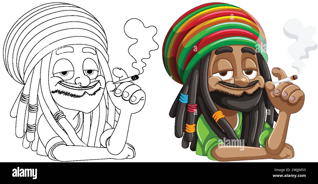 Cartoon-Rastafarier mit farbenfrohen Kopfbedeckungen rauchen. Stock Vektor