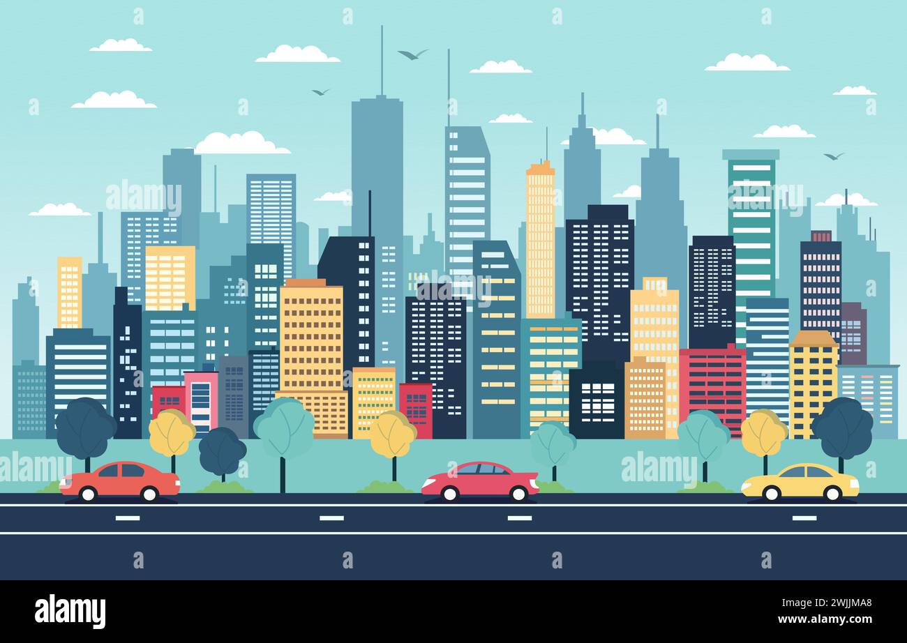 Verkehrsstraße in der Stadt mit Wolkenkratzern Landscape Flat Design Illustration Stock Vektor