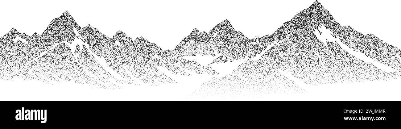 Illustration der gestochenen Grunge-Bergkette. Gepunktete Silhouette des Geländes. Schwarz-weiße, körnige Bergkette. Kornrauschen-Halterung übertrifft den Hintergrund. Tapete mit Ridge-Struktur. Vektor der Punktdarstellung Stock Vektor