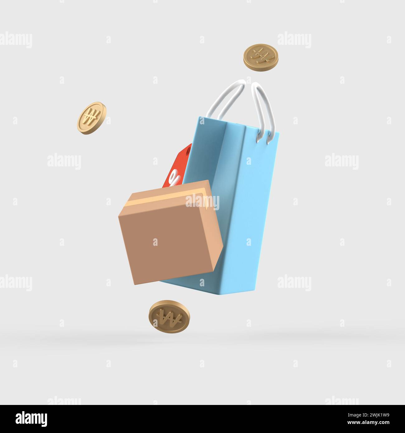 Rabattgutschein und Artikel für den Versandkarton für Einkaufstaschen Stockfoto