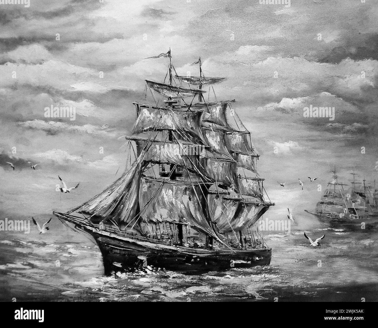 Schwarzweiß-Fotografie Schwarz-weiß Original Ölgemälde Segelboot Barque Glück Stockfoto