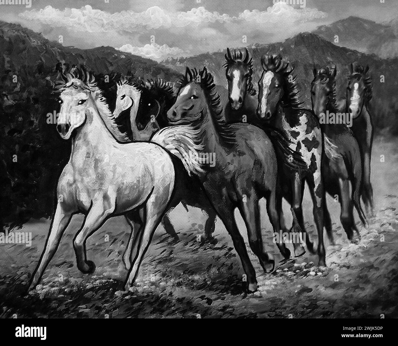 Schwarzweiß-Fotografie Schwarzweiß Original Ölgemälde Running Horse thailand Stockfoto