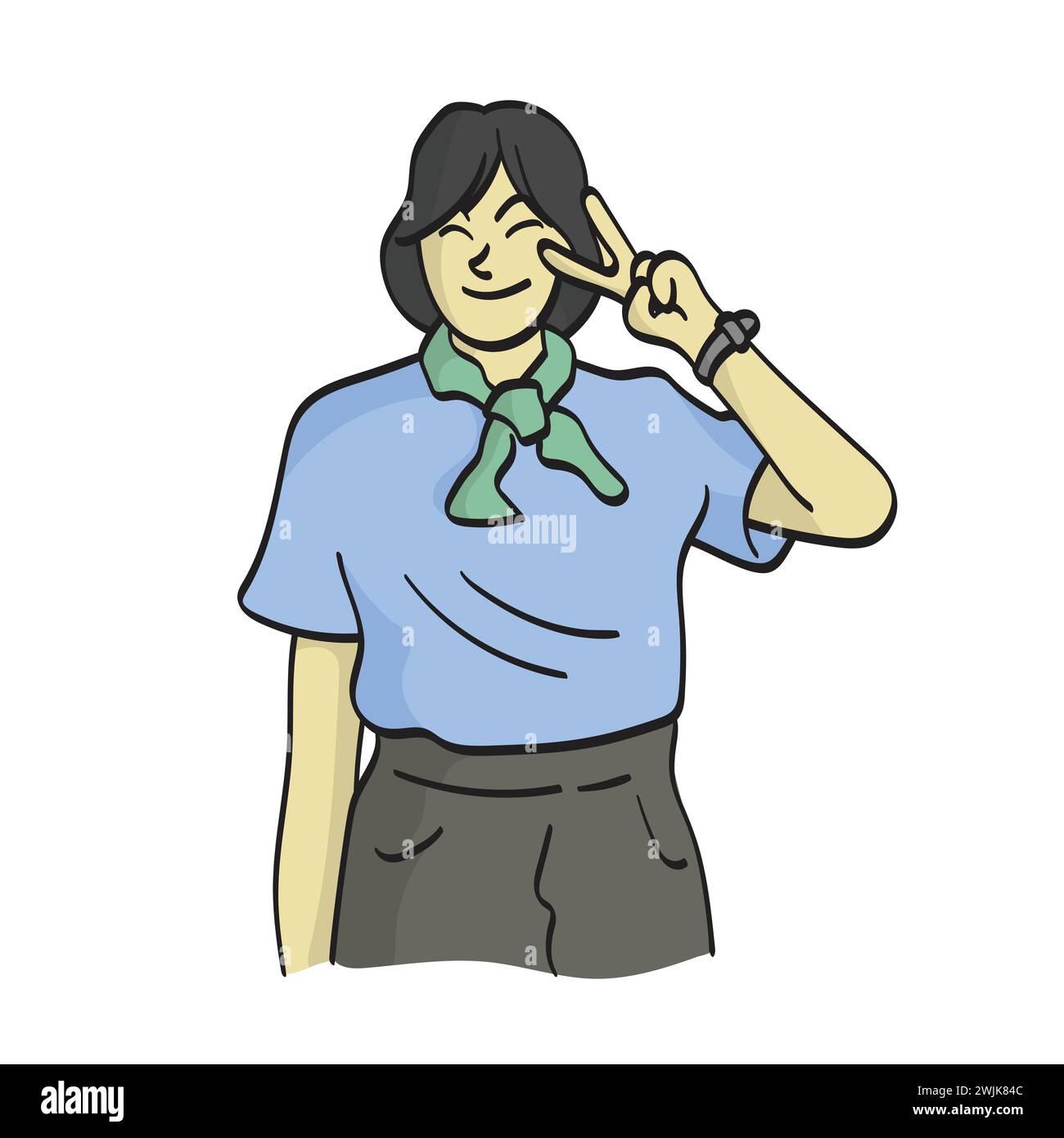 Lächelnde Frau mit Sieg Hand Zeichen Illustration Vektor Hand gezeichnet isoliert auf weißem Hintergrund Stock Vektor
