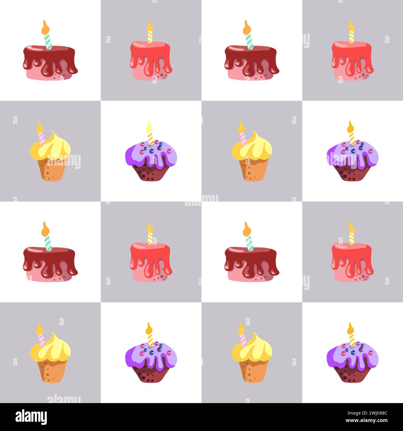 Nahtloses Muster von mit, Happy Birthday Kuchen Torten Kuchen Muffins, handgezeichnete süße Bäckerei Produkte Art auf dem weißen Hintergrund, isolierte Zeichentrickdesserts, Vektor Illustration Stock Vektor