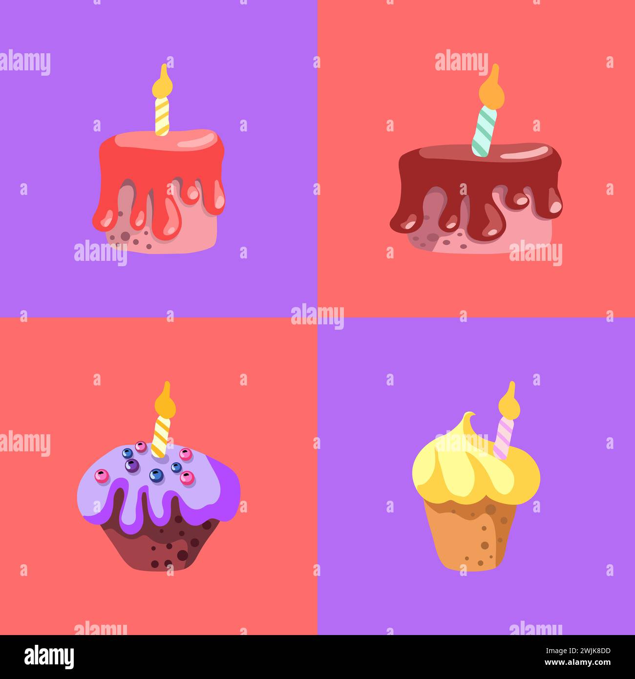 Nahtloses Muster von mit, Happy Birthday Kuchen Torten Kuchen Muffins, handgezeichnete süße Bäckerei Produkte Art auf dem weißen Hintergrund, isolierte Zeichentrickdesserts, Vektor Illustration Stock Vektor