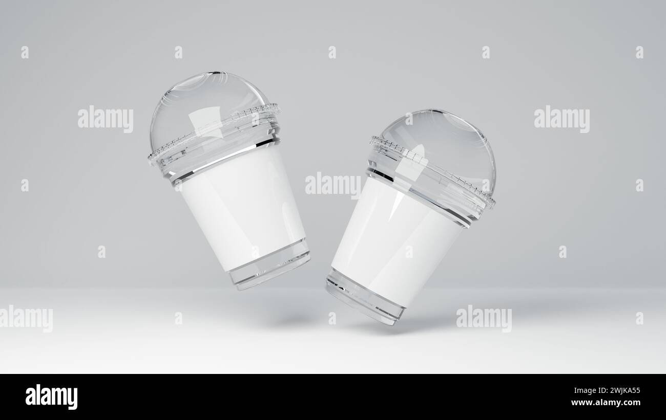 Transparente Fast Food Soda, Drink, Iced Drink, Slush, Shake oder Cola Tasse mit konvexem Deckel. 3D-Rendering isoliert auf weißem Hintergrund Stockfoto