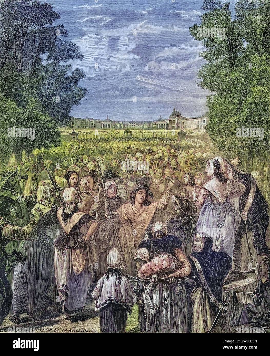 Die Frauen ziehen gegen Versailles, 5. Oktober 1789, Frankreich, Historisch, digital restaurierte Reproduktion von einer Vorlage aus dem 19. Jahrhundert, Datum nicht angegeben Stockfoto