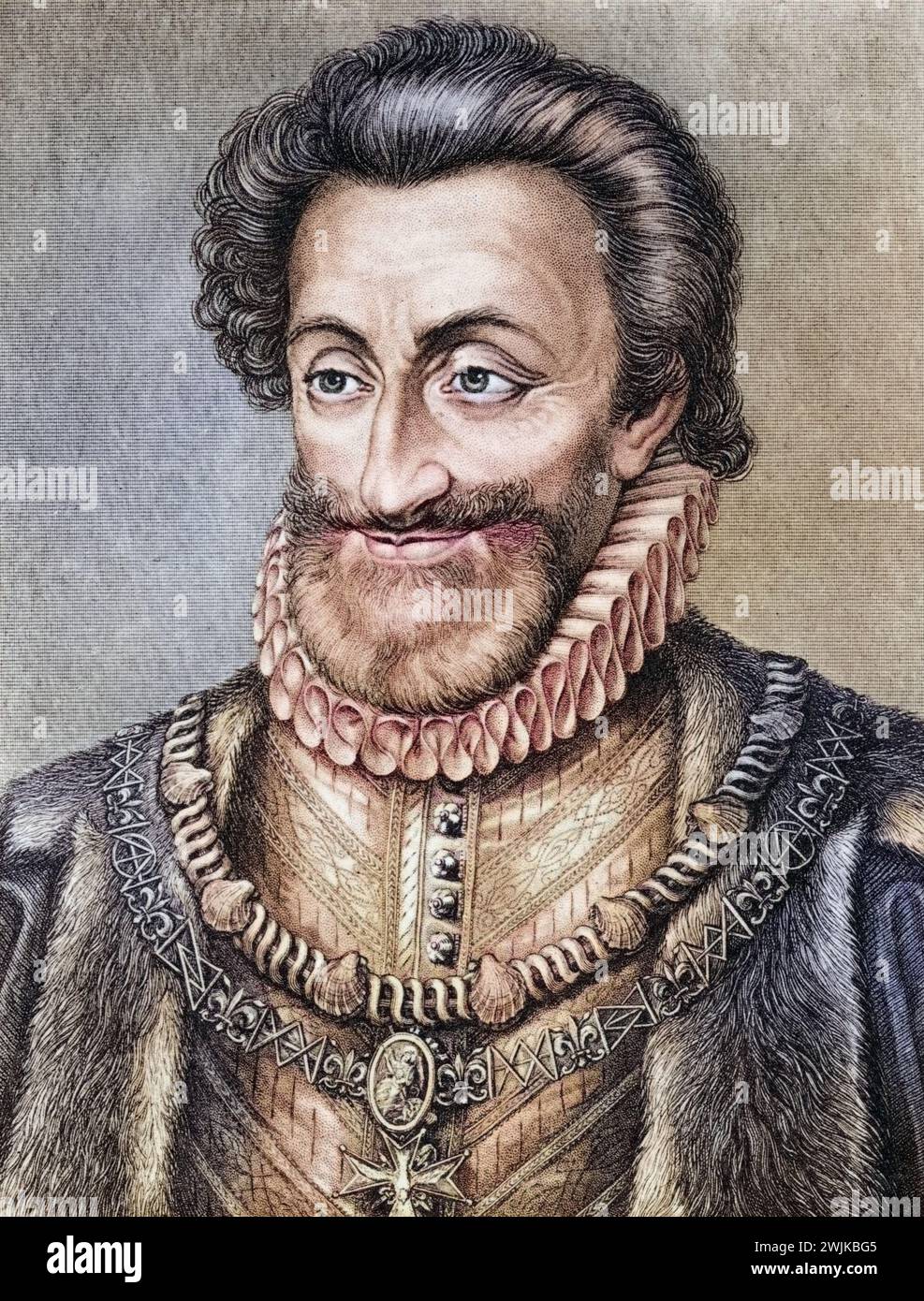 Heinrich IV Alias Heinrich von Navarra oder Bourbon, 1553-1610, König von Navarra (als Heinrich III.) 1572-89, erster bürgerlicher König von Frankreich, 1589-1610, historisch, digital restaurierte Reproduktion von einer Vorlage aus dem 19. Jahrhundert, Datum nicht angegeben Stockfoto