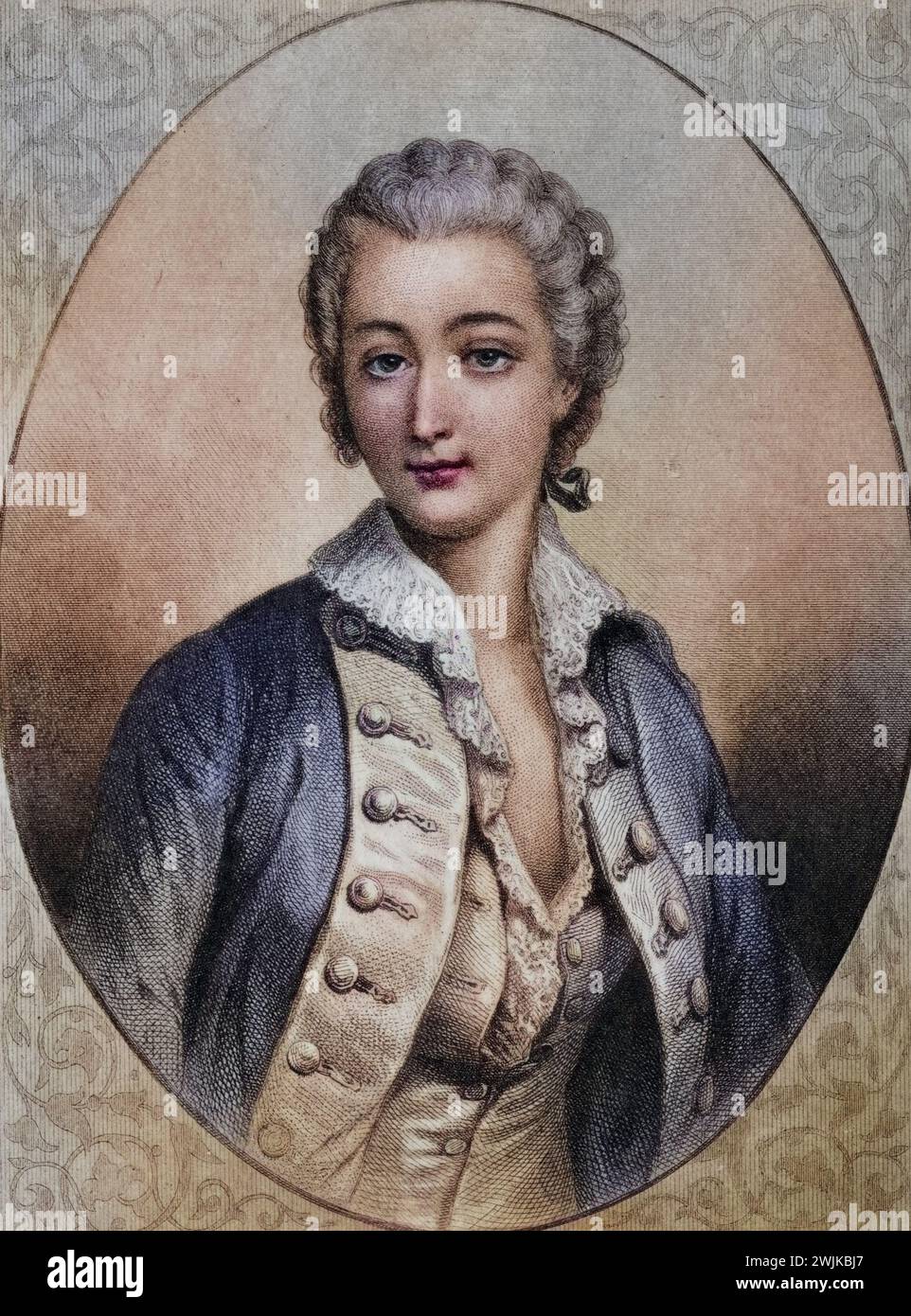 Marie Jeanne, comtesse du Barry (geb. 19. August 1743 in Vaucouleurs, Lothringen; gest. 8. Dezember 1793 in Paris; gebürtige Marie Jeanne Becu) war eine Mätresse des französischen Königs Ludwig XV., Historisch, digital restaurierte Reproduktion von einer Vorlage aus dem 19. Jahrhundert, Datum nicht angegeben Stockfoto