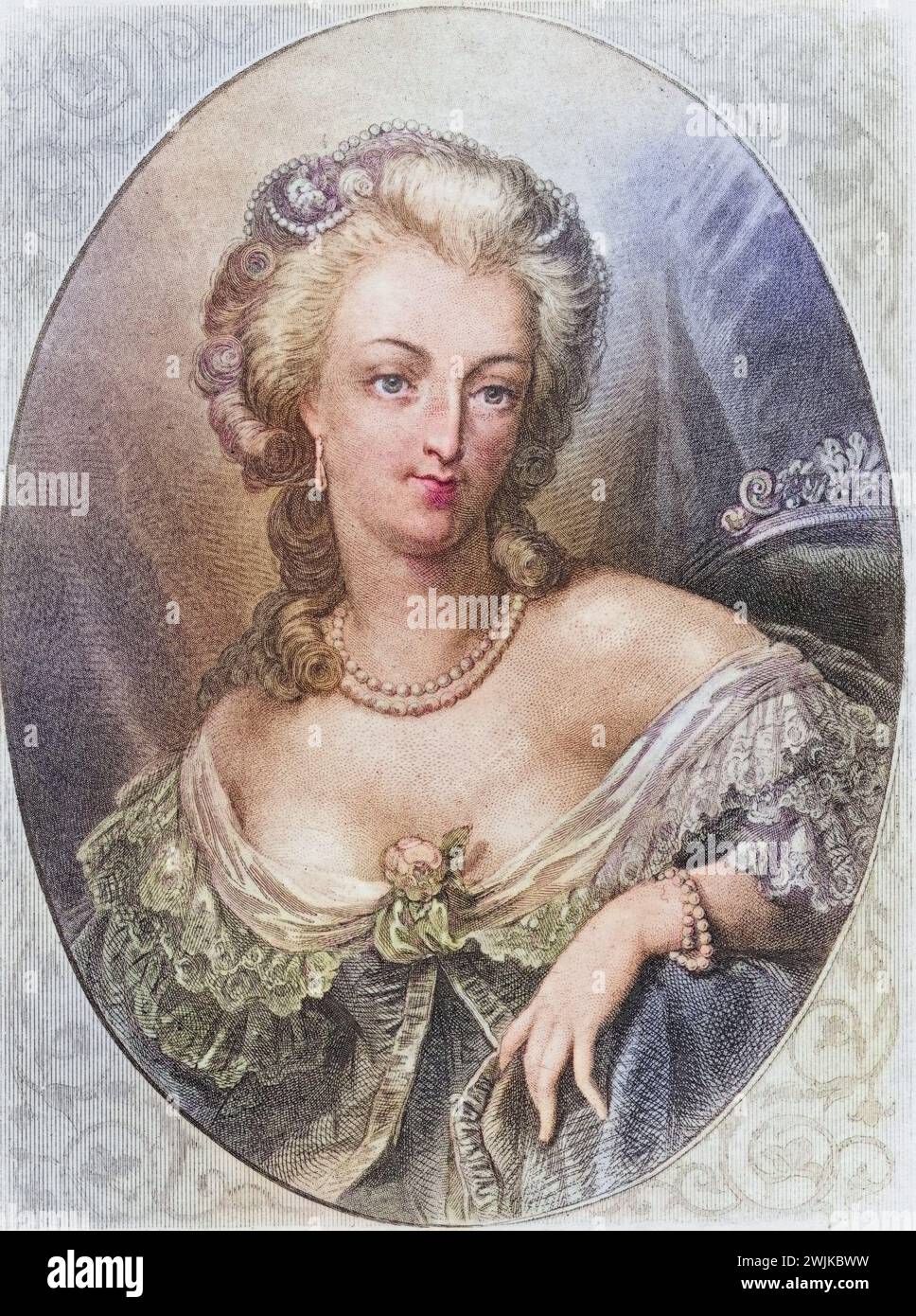 Marie-Antoinette (geb. 2. November 1755 in Wien; Std. 16. Oktober 1793 in Paris) wurde als Erzherzogin Maria Antonia von Österreich geboren. Durch Heirat mit dem Thronfolger Ludwig August wurde sie am 16. Mai 1770 Dauphine von Frankreich, Historisch, digital restaurierte Reproduktion von einer Vorlage aus dem 19. Jahrhundert, Datum nicht angegeben Stockfoto