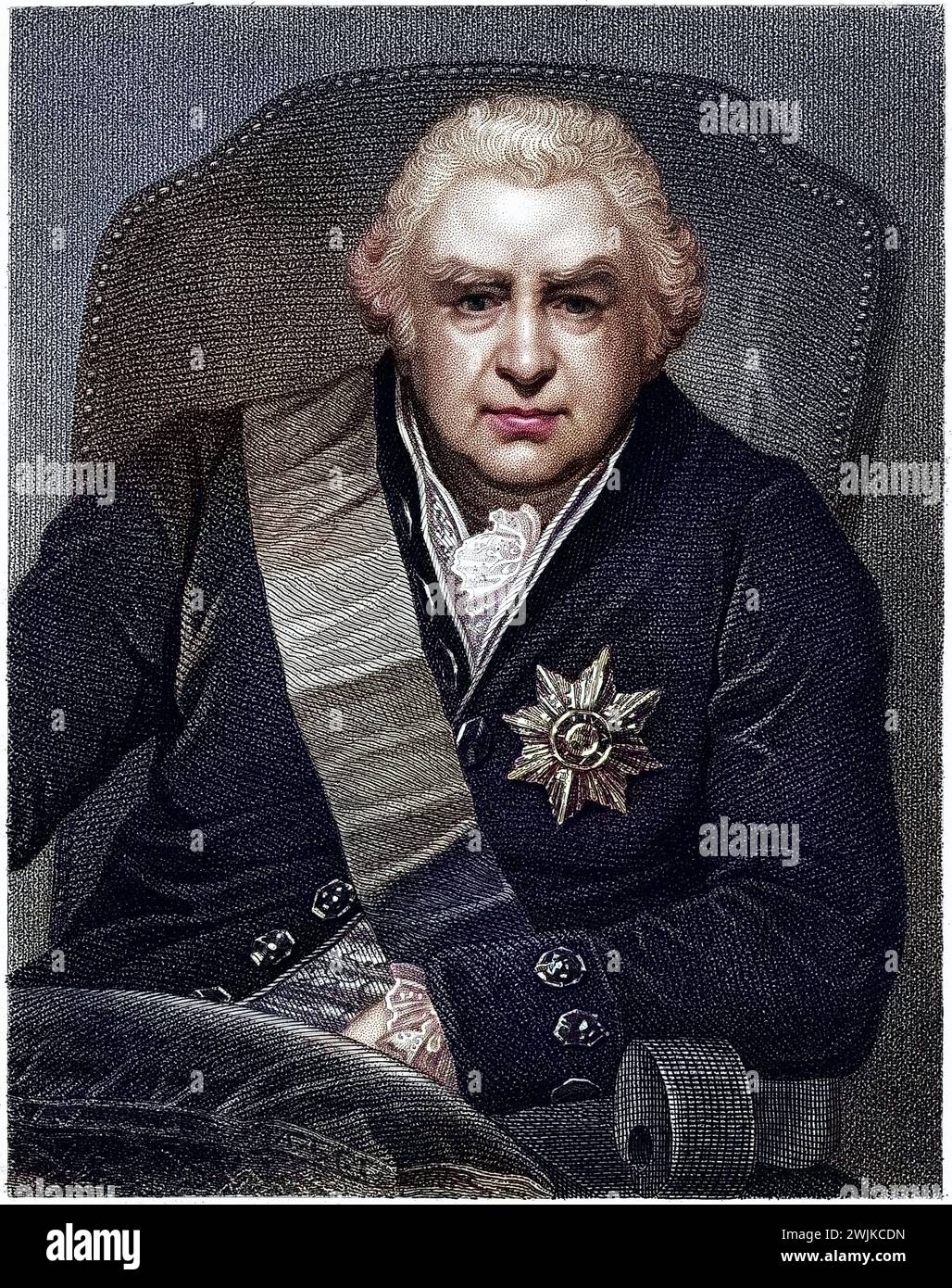Sir Joseph Banks, 1. Baronet (geb. 13. Februar 1743 in London; Std. 19. Juni 1820 ebenda) war ein britischer Naturforscher, insbesondere Botaniker, der Mitte des 18. Jahrhundert James Cook auf seiner ersten Reise und Weltumsegelung (1768–1771) begleitete, historisch, digital restaurierte Reproduktion von einer Vorlage aus dem 19. Jahrhundert, Datum nicht angegeben Stockfoto