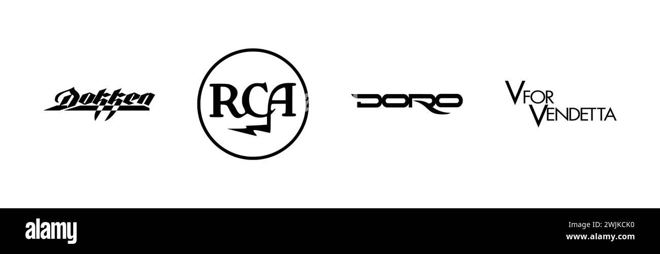 Doro pesch, V für Vendetta, Dokken, RCA Records, beliebte Markenlogo-Kollektion. Stock Vektor