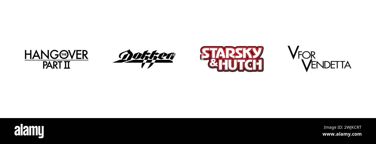 Starsky und Hutch, The Hangover 3, V für Vendetta, Dokken, beliebte Markenlogo-Kollektion. Stock Vektor