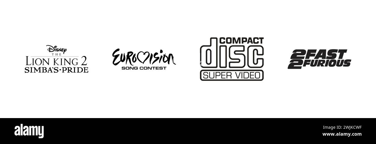 2Fast 2Furious, The Lion King 2 Simbas Pride, Compact Disc SVCD, Eurovision Song Contest, beliebte Logo-Kollektion. Stock Vektor