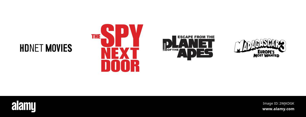 The Spion nebenan, Planet der Affen Escape, Madagaskar 3 Europes Most Wanted, HDNet Movies, beliebte Markenlogo-Kollektion. Stock Vektor