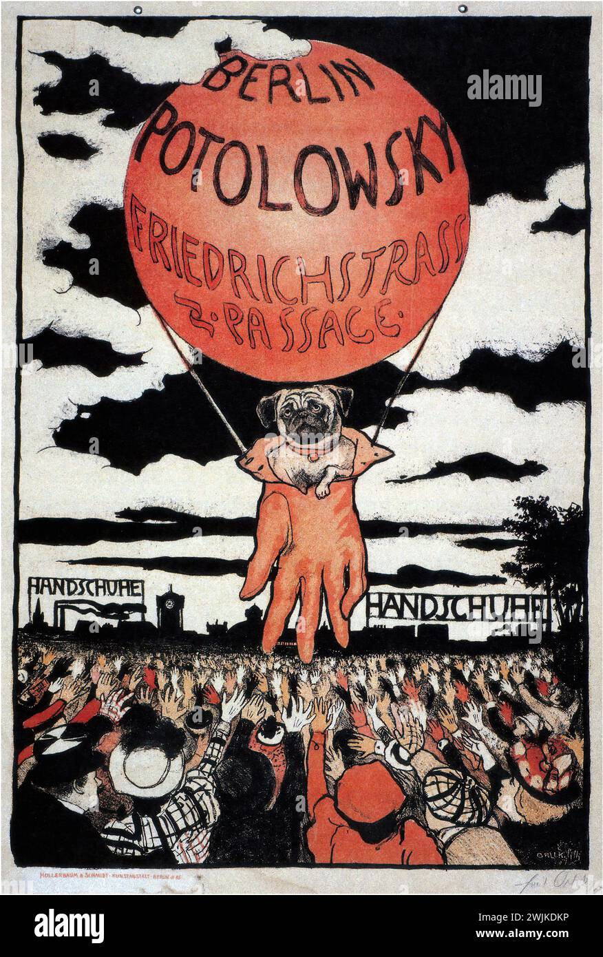„BERLIN POTOLLOWSKY FRIEDRICHSTRASSE-PASSAGE“ Deutsche Vintage-Werbung von 1897 von Emil Orlik für Potolowsky-Schuhe und -Handschuhe. Es zeigt einen Hundeballon, der über einer Menschenmenge schwimmt und den skurrilen und satirischen Stil der Zeit widerspiegelt. Der grafische Stil hat Elemente des frühen Jugendstils und der Karikatur. | Stockfoto