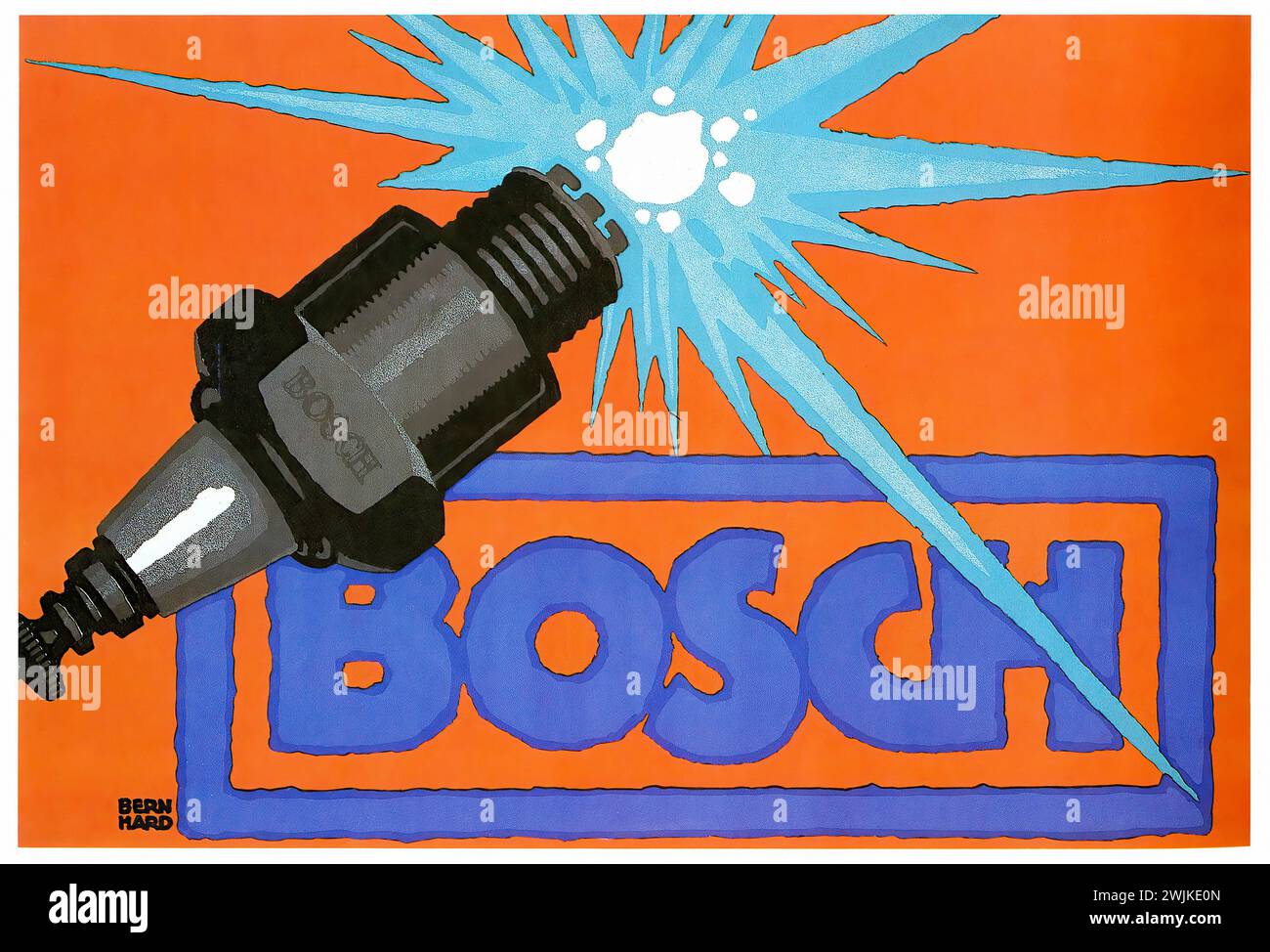 [„Bosch“] Deutsche Vintage-Werbung mit einer Zündkerze mit leuchtendem Sterneneffekt auf kontrastierendem orangefarbenen und blauen Hintergrund, gerendert in einem flachen, grafischen Stil mit auffälligen Schriftzügen. Stockfoto