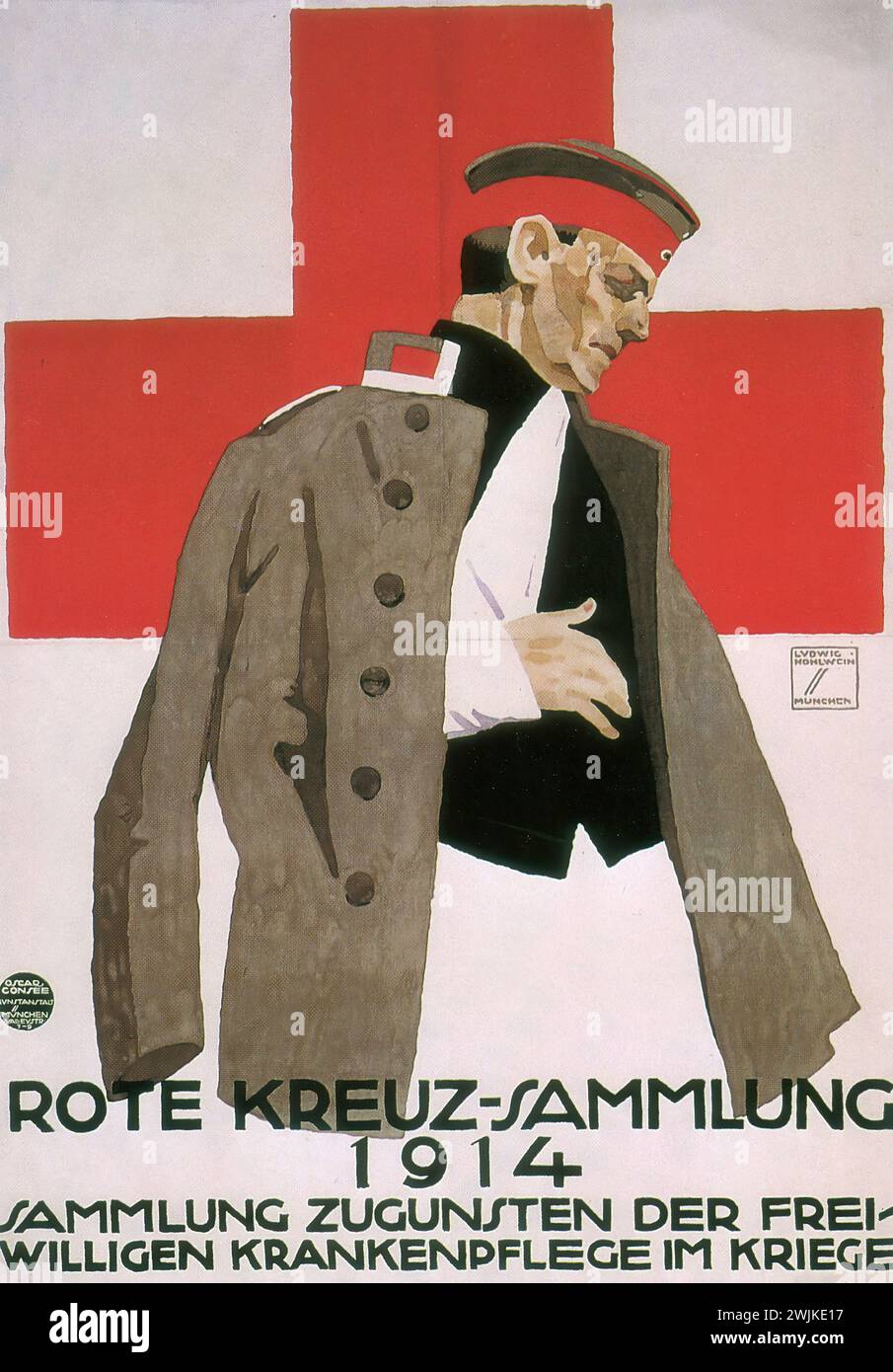 „Rote Kreuz-Sammlung 1914“ [„Rote Kreuz-Sammlung 1914“] ein deutsches Vintage-Werbeplakat, das ein Spendenevent des Roten Kreuzes mit einer düsteren Darstellung eines Soldaten in den kräftigen, flachen Farben und scharfen Kontrasten, die typisch für den Plakatstil sind, fördert Stockfoto