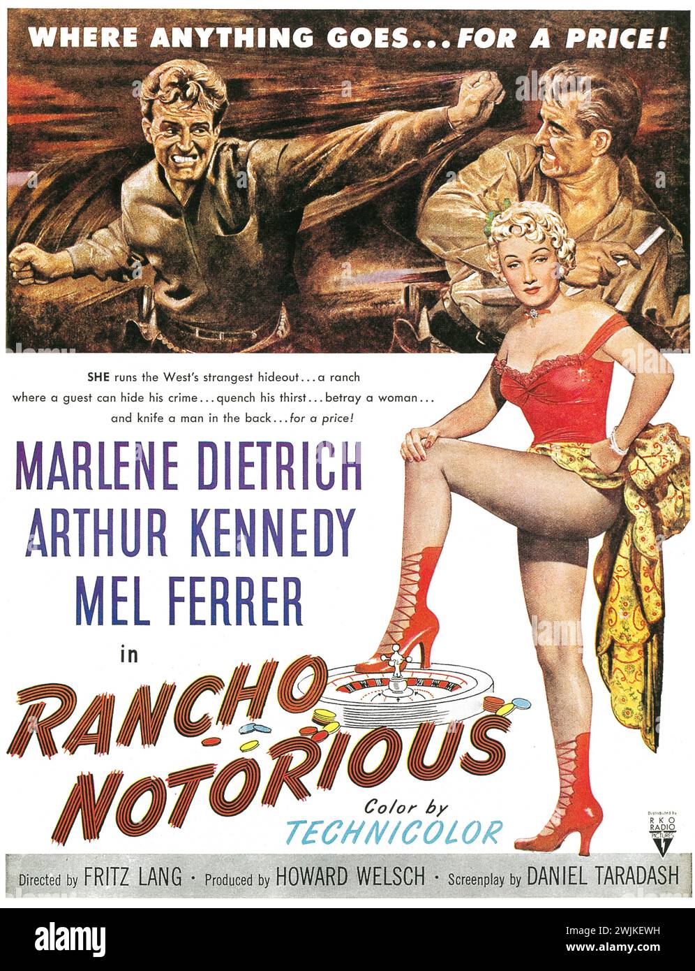 1952 Rancho berüchtigtes Western/Noir-Filmplakat. Regie führte Fritz lang mit Marlene Dietrich als Matron eines kriminellen Verstecks Stockfoto