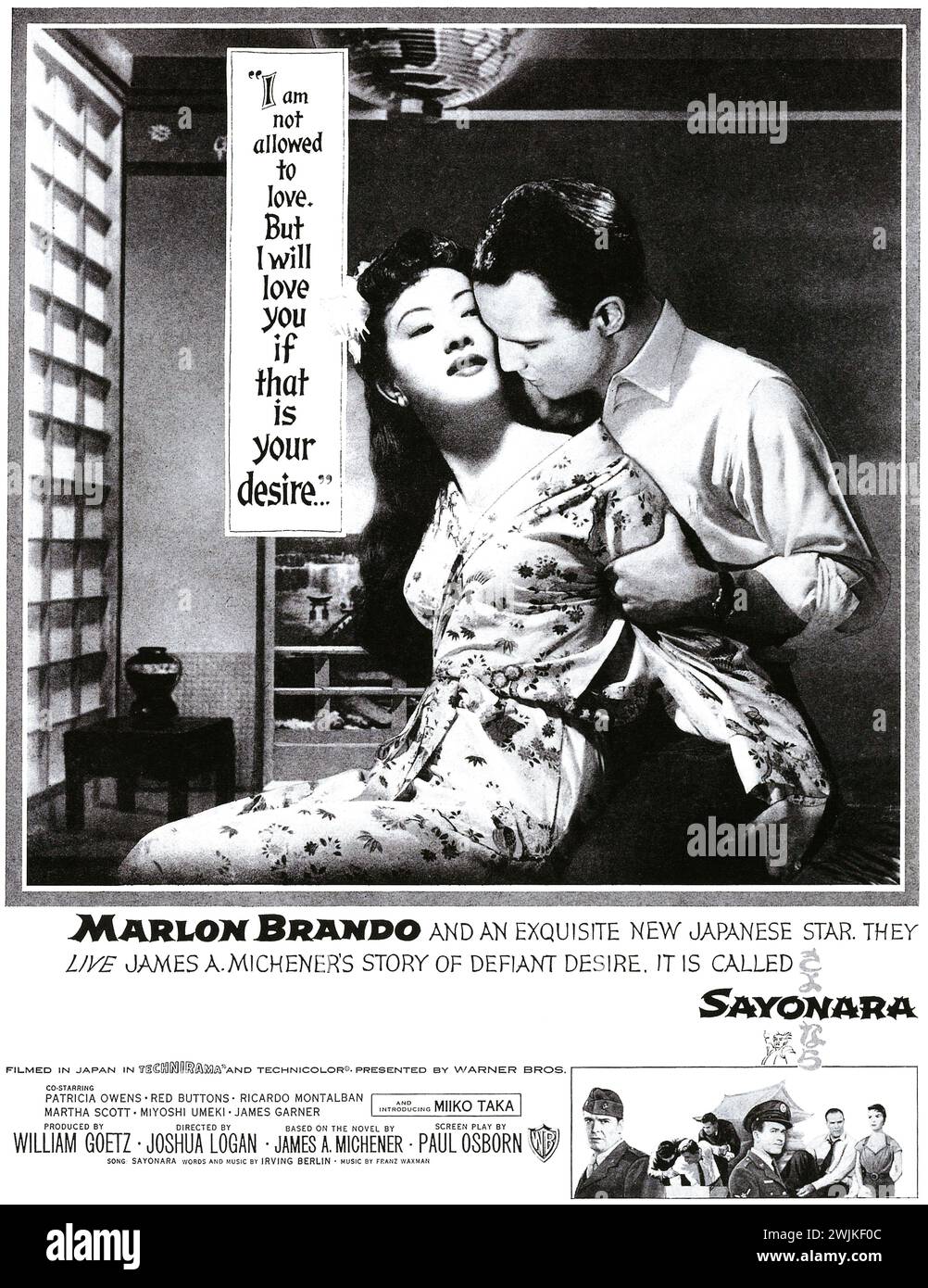 1957 Sayonara amerikanischer Romantik-Film von Joshua Logan mit Marlon Brando und Miiko Taka. Werbeanzeige und Poster in Filmdrucksachen Stockfoto