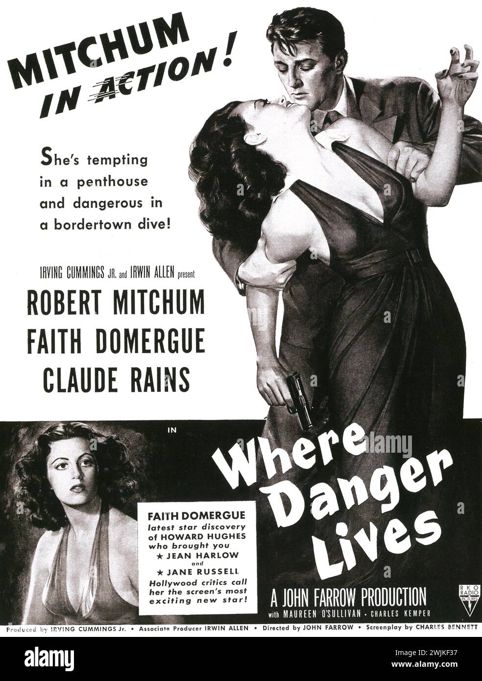 1950 WHERE DANGER LIVES Filmposter und Printanzeige. 1950er Jahre RKO Radio Pictures Film mit Faith Domergue und Robert Mitchum unter der Regie von John Farrow Stockfoto