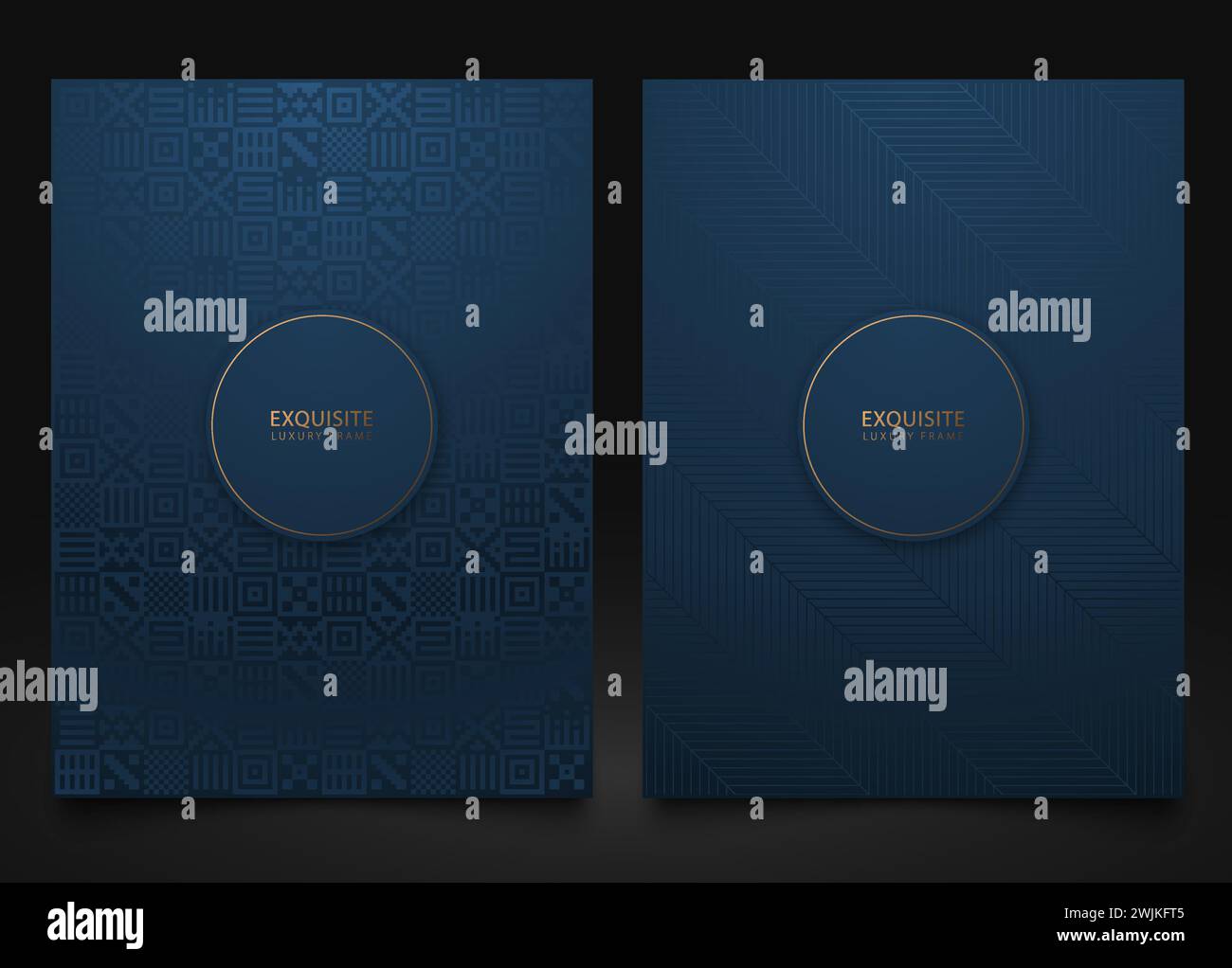 Vektor Set blaue Verpackungsschablonen mit unterschiedlicher geometrischer Musterstruktur für Luxusprodukte. Rahmendesign für Logo. Ethnischer mexikanischer Hintergrund Stock Vektor