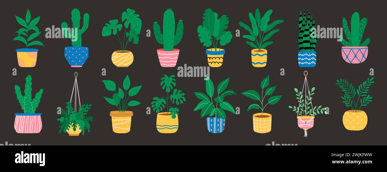 Pflanzen in hängenden Töpfen. Haus Blumentöpfe Set Stock Vektor