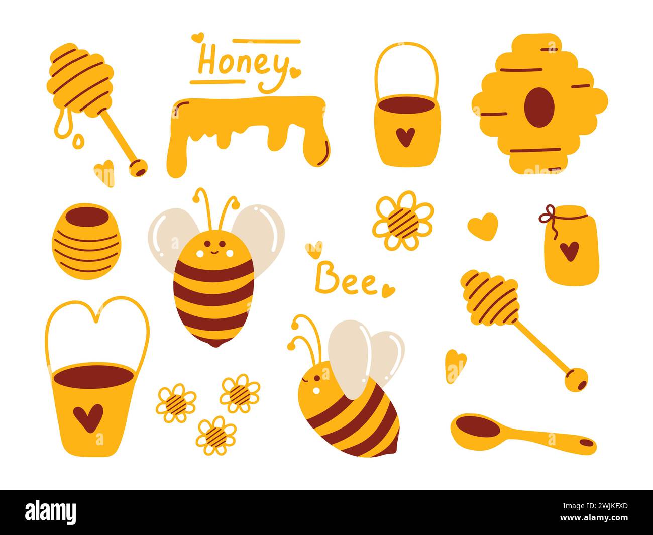 Honigset mit Bienen für minimalistisches Verpackungsdesign von Honigprodukten und für die Imkerei Stock Vektor