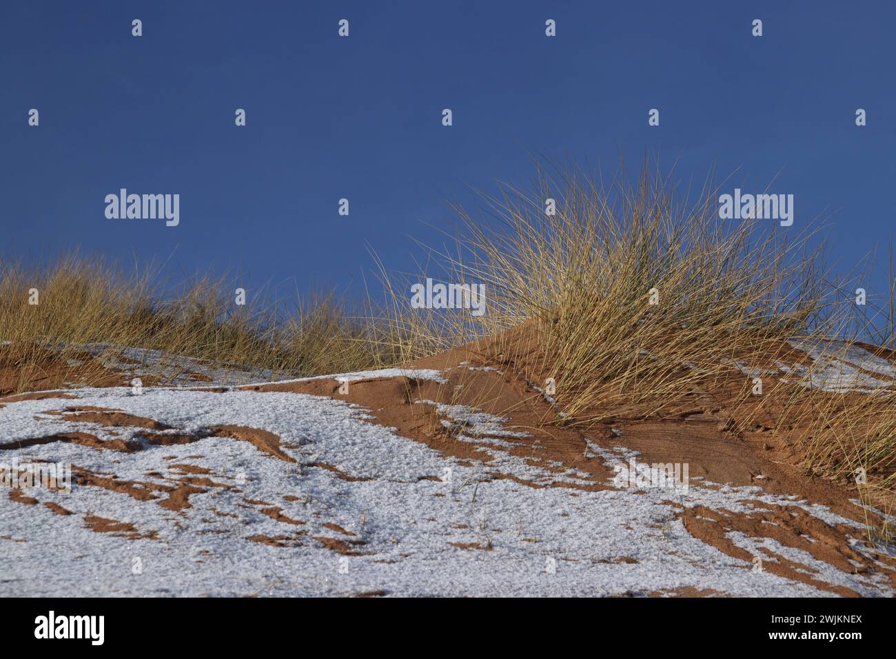 Schnee auf Sand und Dünen Stockfoto
