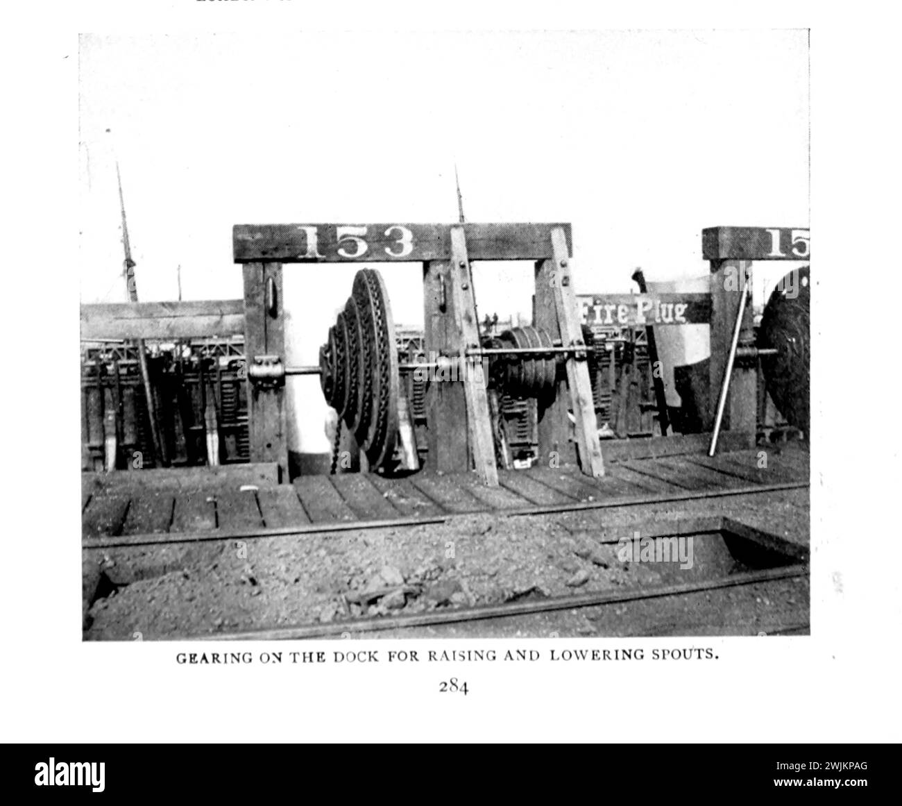 Getriebe auf dem Dock zum Heben und Senken von Ausläufen aus dem Artikel EISENERZ-BELADUNG AUF DEN GROSSEN AMERIKANISCHEN SEEN. Von H. J. Stifer. Vom Engineering Magazine gewidmet dem Industrial Progress Band XIV Oktober 1897 bis März 1898 The Engineering Magazine Co Stockfoto