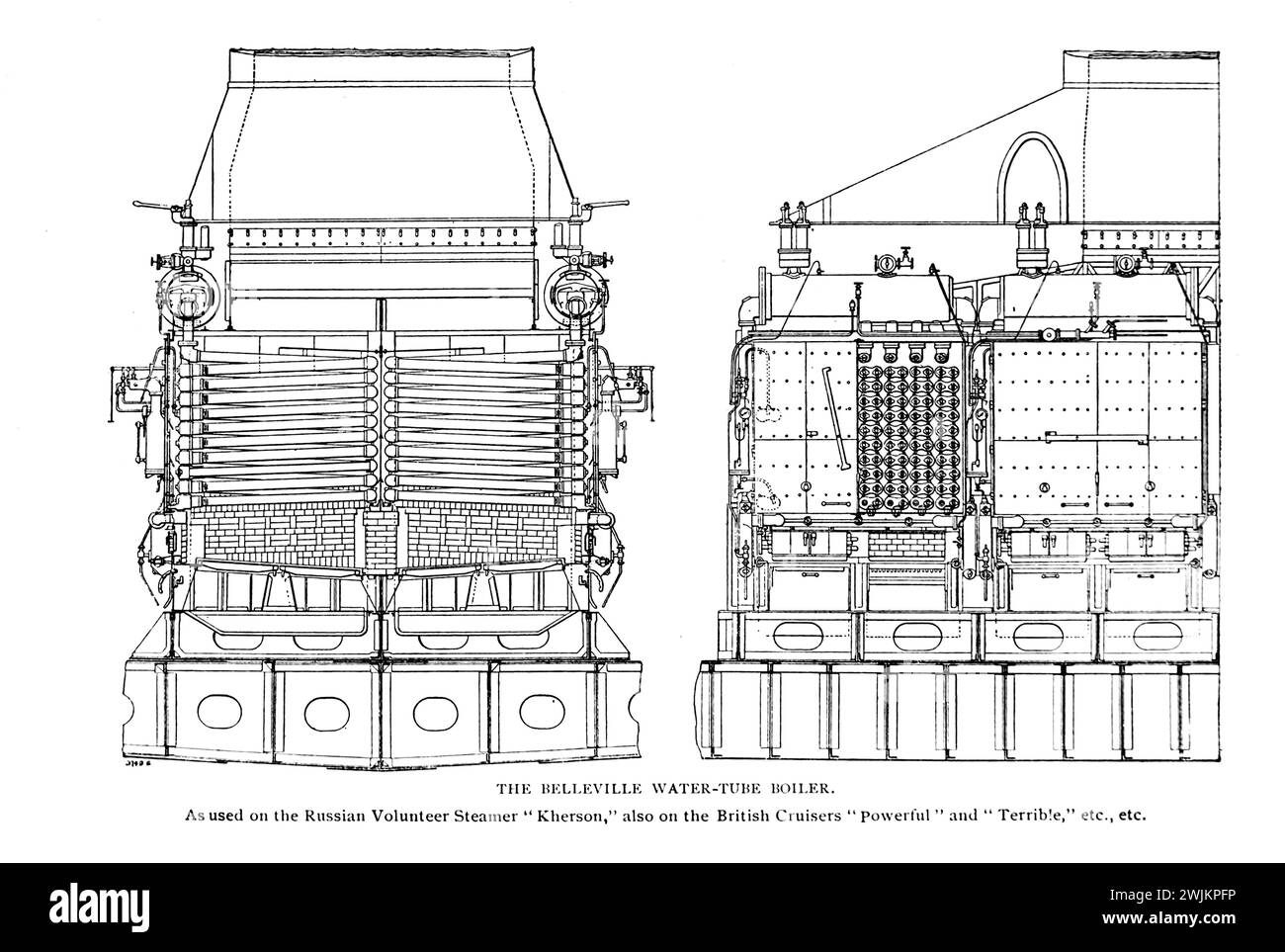 Der Relleville Wasserrohrkessel, wie er auf dem russischen Freiwilligen Steamer Kherson und auf den British Cruisers verwendet wird, ist leistungsstark und schrecklich aus dem Artikel DER STATUS DES WASSERROHRKESSELS IN DER AMERIKANISCHEN MARINE. Von Walter M. McFarland. Vom Engineering Magazine gewidmet dem Industrial Progress Band XIV Oktober 1897 bis März 1898 The Engineering Magazine Co Stockfoto