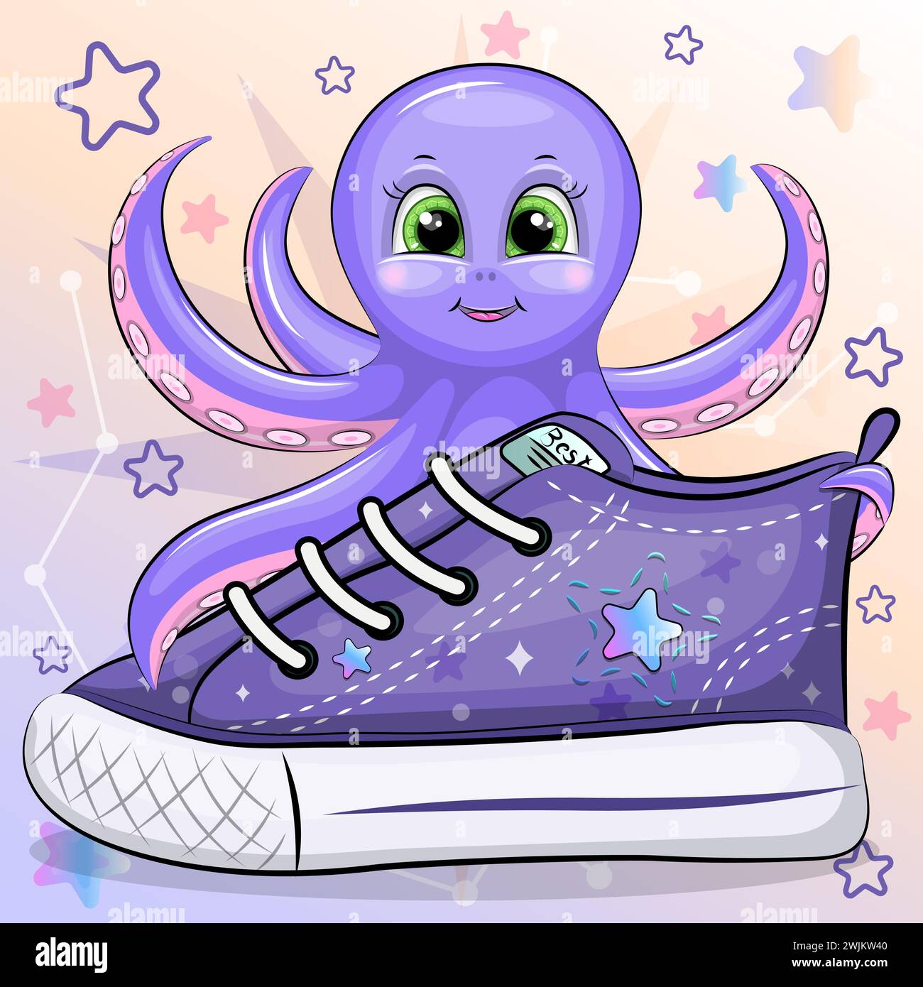 Ein süßer Karikaturkrake mit einem Sneaker. Vektorillustration eines Tieres auf einem bunten Hintergrund mit Sternen. Stock Vektor