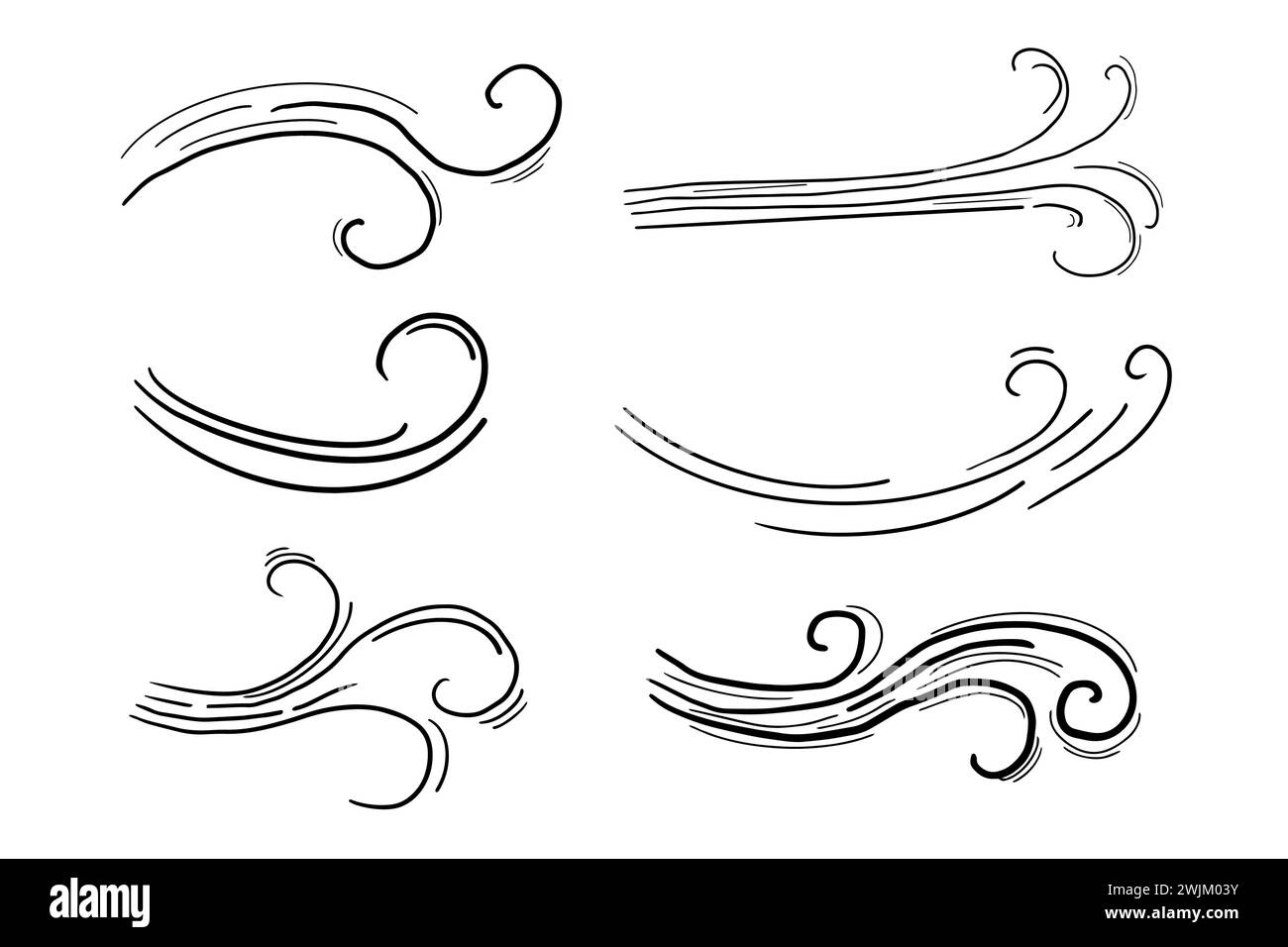 Windbewegung Doodle Line Swirl Hand gezeichneter Dampf Wetterstoß isoliert auf weißem Hintergrund. Element für die Atmosphäre. Vektorabbildung Stock Vektor