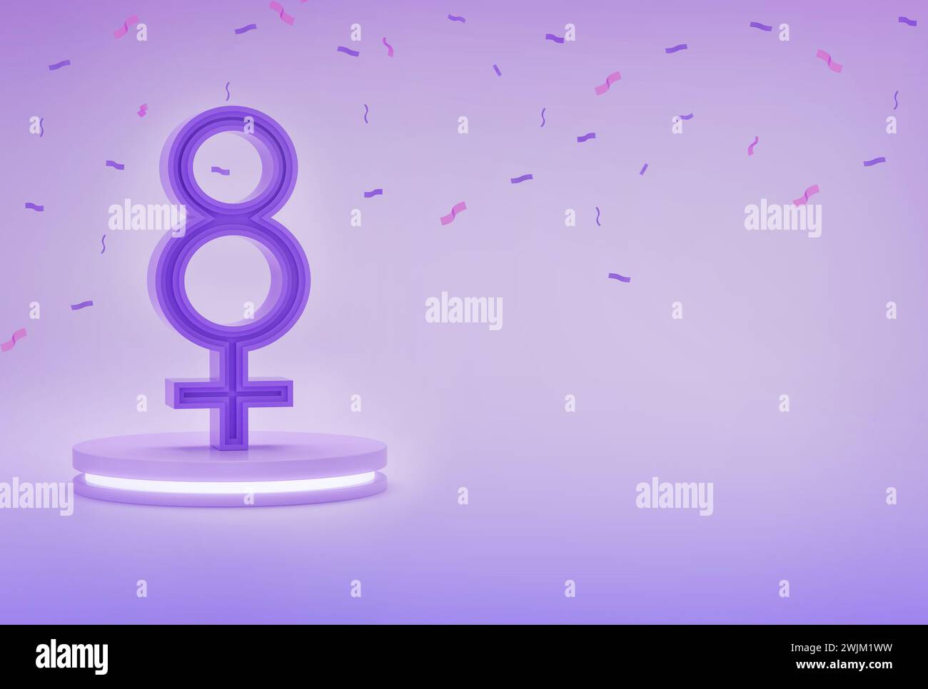 Podium mit der Zahl 8 und Frauensymbol mit Konfetti. Hintergrund der Feierlichkeiten am 8. März, internationaler Frauentag. Stockfoto