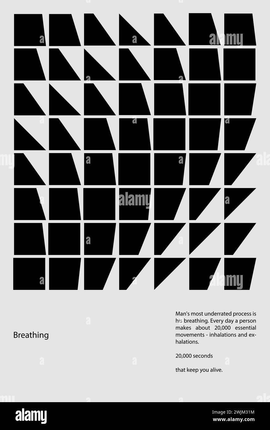 Grafische Darstellung der Atmung mit Text zur Bedeutung des Atems, schwarze Formen auf weißem Hintergrund. Moderne Ästhetik, minimalistische Kunst. Stock Vektor