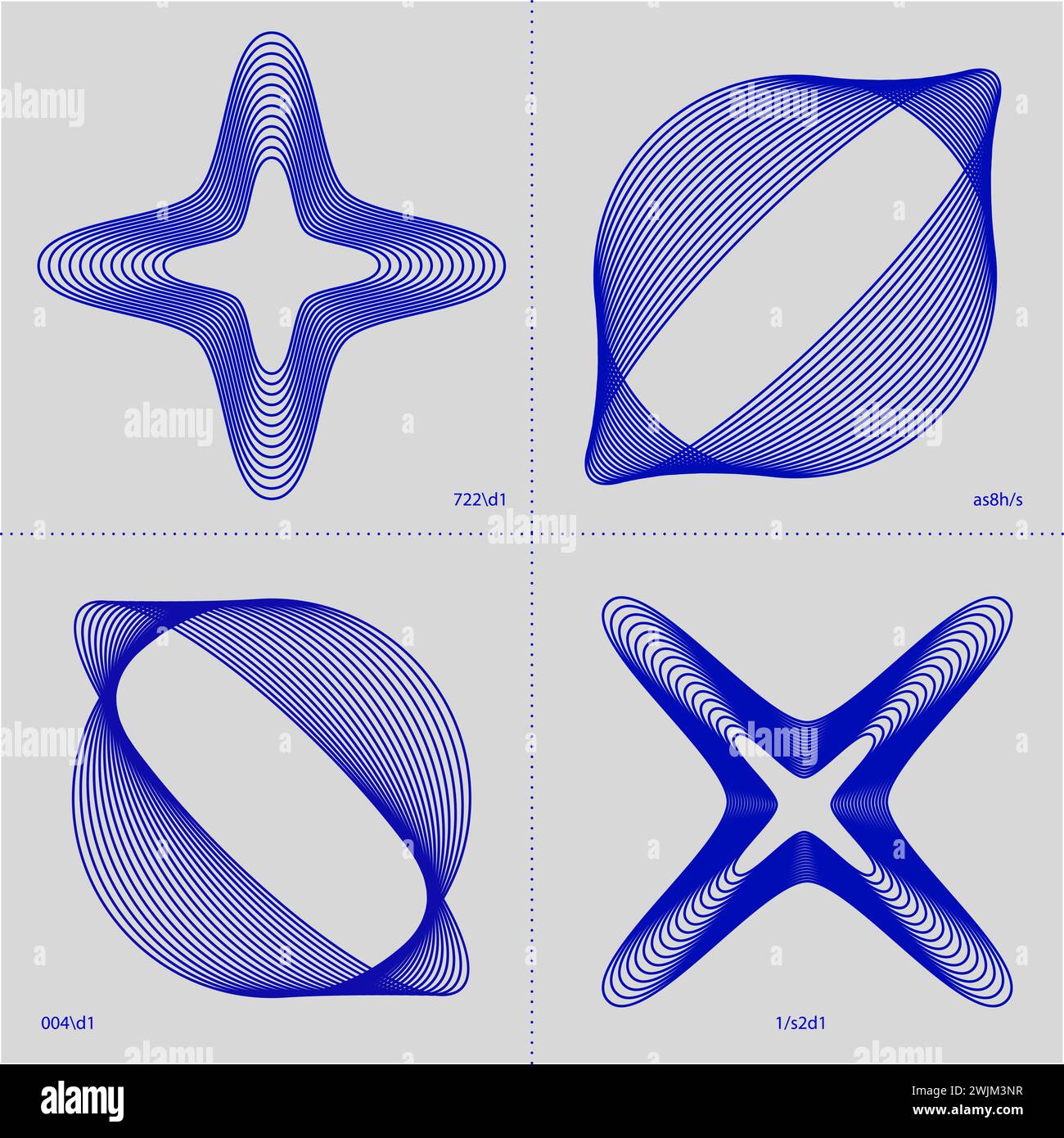 Vier blaue geometrische Formen mit einem Stern und kugelförmigen Obertönen auf einem grauen gepunkteten Hintergrund. Moderne Ästhetik, minimalistische Kunst. Stock Vektor