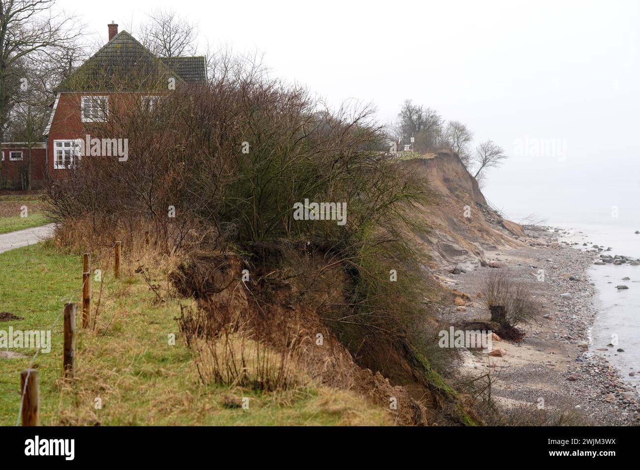 PRODUKTION - 14. Februar 2024, Schleswig-Holstein, Lübeck-Travemünde: Blick auf die Klippen und das Jugendzentrum Haus Seeblick der Jugendorganisation SJD - die Falken, auf die Klippen im Stadtteil Brodten an der Ostsee. Das direkt an den Brodtenfelsen gelegene Jugendzentrum Haus Seeblick ist nach einer weiteren Randabbruch nun für Kinder- und Jugendarbeit geschlossen. Nur gut vier Meter liegen zwischen einer Ecke des 'Haus Seeblick' und dem Abgrund. Ende Januar fiel ein Baum entlang des Randes und hinterließ ein Loch im Fußweg vor dem Haus. Foto: Marcus Brandt/dpa Stockfoto