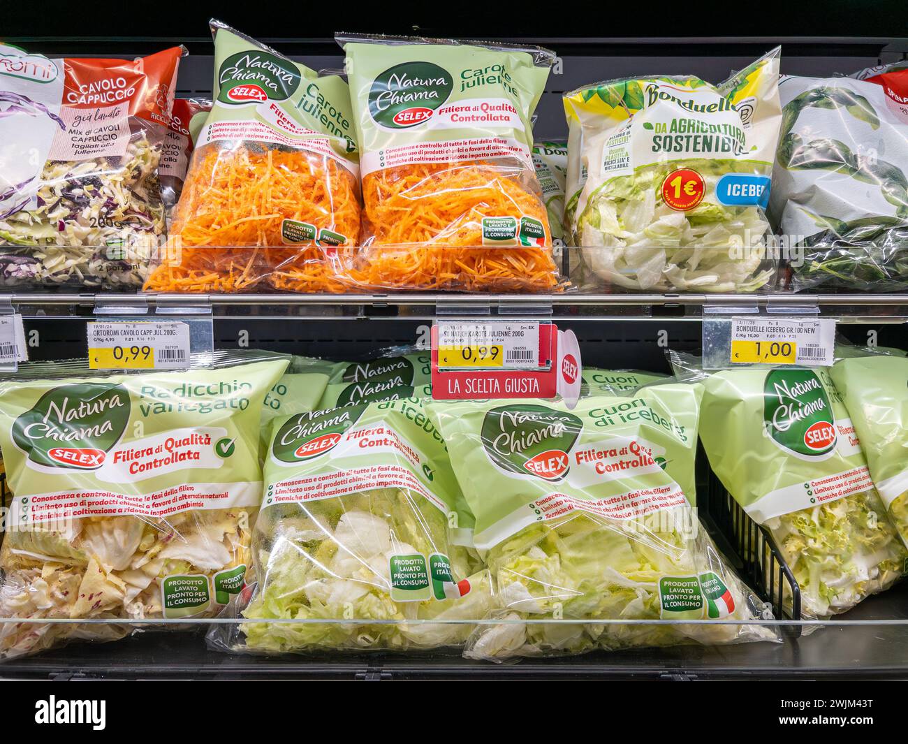 Italien - 16. Februar 2024: Salat und Gemüse werden in Säcken geschnitten und gereinigt, in Kühlregalen zum Verkauf im italienischen Supermarkt ausgestellt Stockfoto