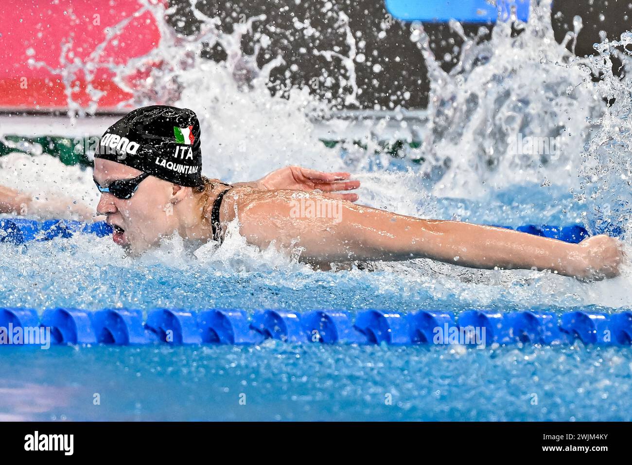 Doha, Katar. Februar 2024. Sonia Laquintana aus Italien tritt an den schwimmenden 50 m Freestyle Men Heats während der 21. Aquatics World Championships im Aspire Dome in Doha (Katar) am 16. Februar 2024 an. Quelle: Insidefoto di andrea staccioli/Alamy Live News Stockfoto