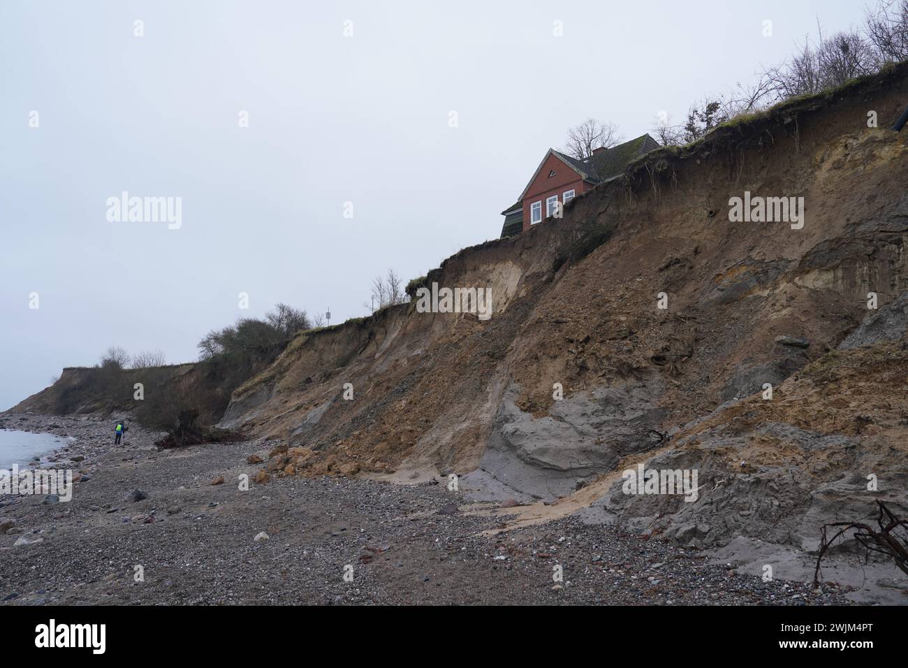 PRODUKTION - 14. Februar 2024, Schleswig-Holstein, Lübeck-Travemünde: Blick auf die gebrochene Klippe im Jugendzentrum Haus Seeblick der Jugendorganisation SJD - die Falken, auf der Klippe im Stadtteil Brodten an der Ostsee. Das direkt an den Brodtenfelsen gelegene Jugendzentrum Haus Seeblick ist nach einer weiteren Randabbruch nun für Kinder- und Jugendarbeit geschlossen. Nur gut vier Meter liegen zwischen einer Ecke des 'Haus Seeblick' und dem Abgrund. Ende Januar fiel ein Baum entlang des Randes und hinterließ ein Loch im Fußweg vor dem Haus. Foto: Marcus Brandt/dpa Stockfoto