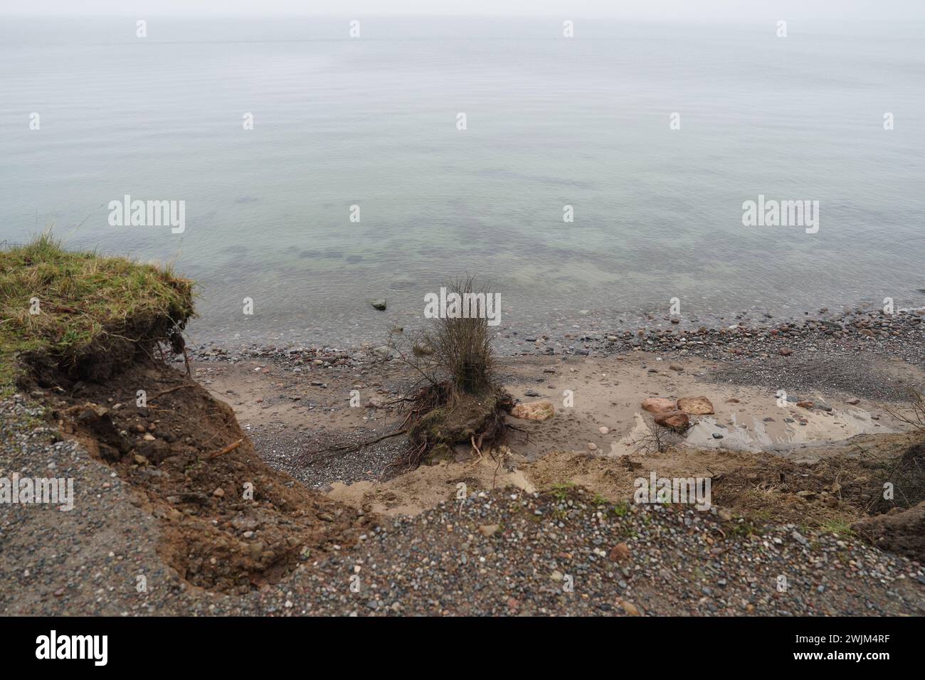 PRODUKTION - 14. Februar 2024, Schleswig-Holstein, Lübeck-Travemünde: Blick auf die gebrochene Klippe im Jugendzentrum Haus Seeblick der Jugendorganisation SJD - die Falken, auf der Klippe im Stadtteil Brodten an der Ostsee. Das direkt an den Brodtenfelsen gelegene Jugendzentrum Haus Seeblick ist nach einer weiteren Randabbruch nun für Kinder- und Jugendarbeit geschlossen. Nur gut vier Meter liegen zwischen einer Ecke des 'Haus Seeblick' und dem Abgrund. Ende Januar fiel ein Baum entlang des Randes und hinterließ ein Loch im Fußweg vor dem Haus. Foto: Marcus Brandt/dpa Stockfoto