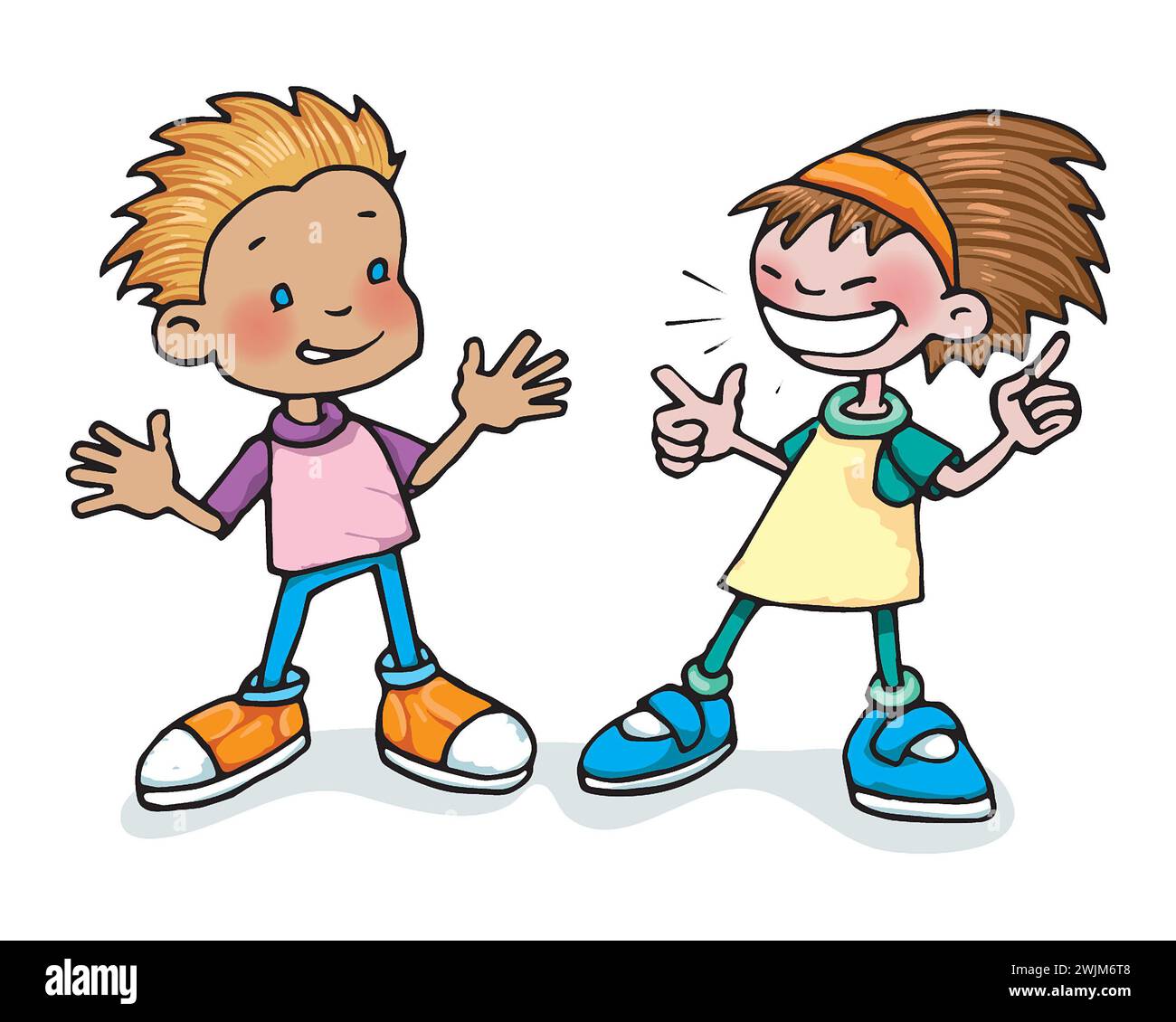 Art White Boy & Girl, 5-7 Jahre alt, lächelt sich an. Konzept: Sozialisierung, soziale Interaktion, Freundschaft, emotionale Alphabetisierung. Stockfoto