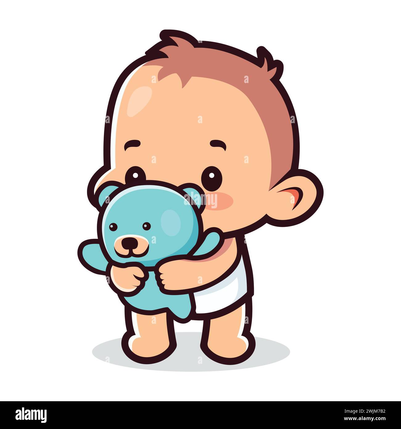 Niedliche Cartoon-Baby-Figur, die mit einem Teddybären spielt. Isolierte Baby-Charakter-Vektor-Illustration. Baby-Symbol und Symbol für Windelmarke Social Stock Vektor